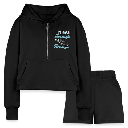 Flow Through What You Go Through Cropped Hoodie & Jogger Short Set - black