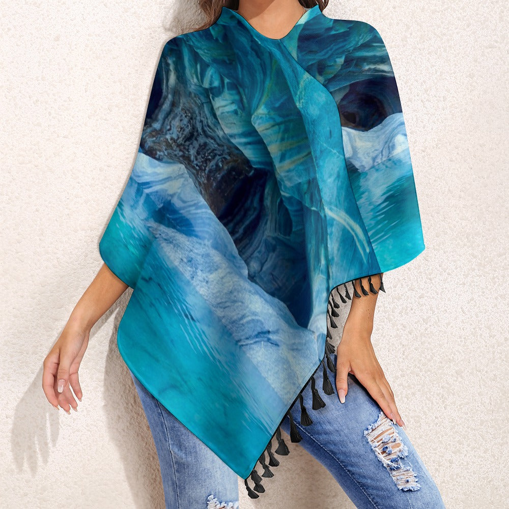 Cuevas de Marmol Knitted Cape With Fringed Edge