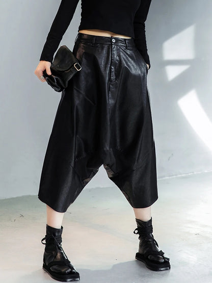 High Waist Black Leather Harem Pants