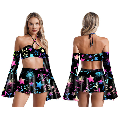 Star Power Flare Sleeve Crop Top and Skater Skirt 3-piece Set