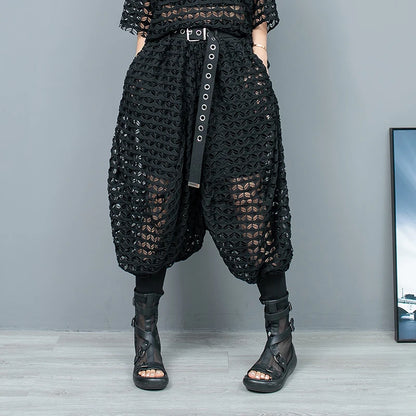 Mesh Grid Harem Pants Set