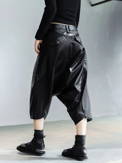 High Waist Black Leather Harem Pants