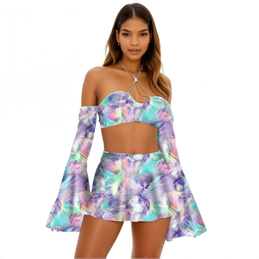 Tie Dye Fractals Flare Sleeve Crop Top and Skater Skirt 3-piece Set