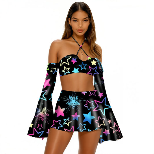 Star Power Flare Sleeve Crop Top and Skater Skirt 3-piece Set