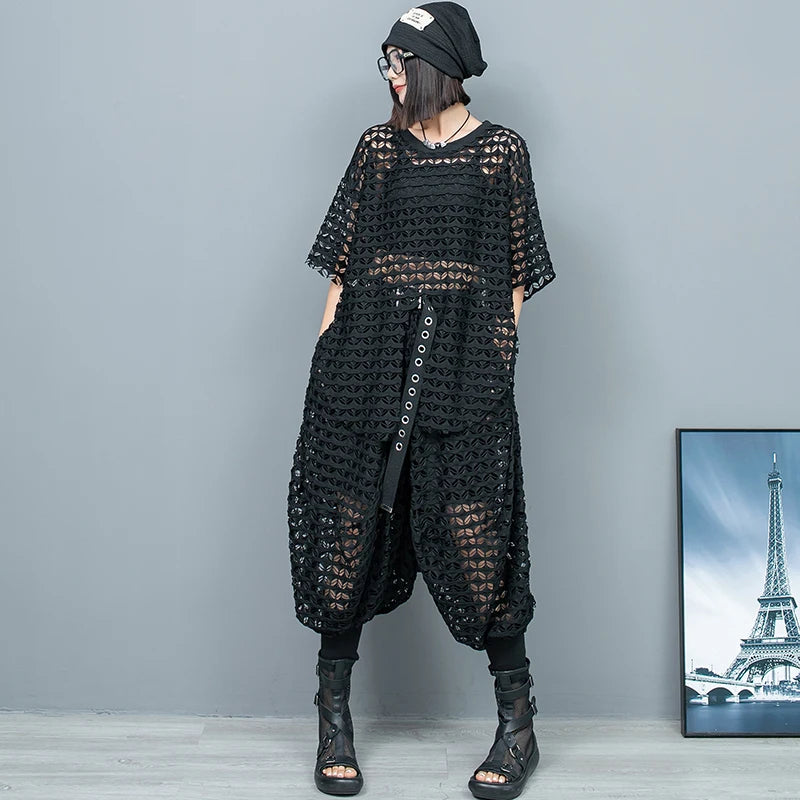 Mesh Grid Harem Pants Set