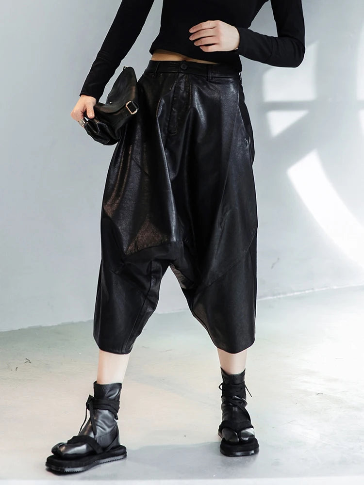 High Waist Black Leather Harem Pants