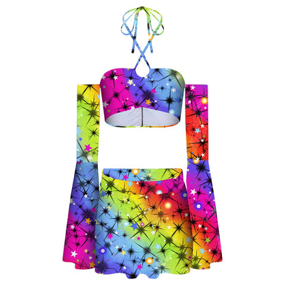 Cosmic Rainbow Flare Sleeve Crop Top and Skater Skirt Set