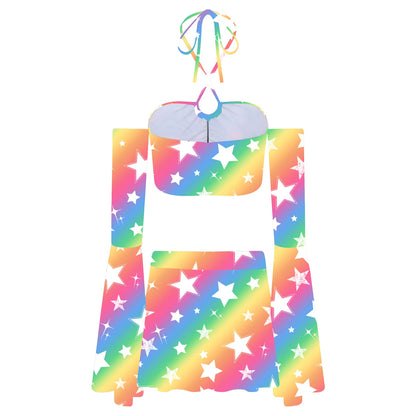 Rainbow Star Flare Sleeve Crop Top and Skater Skirt 3-piece Set