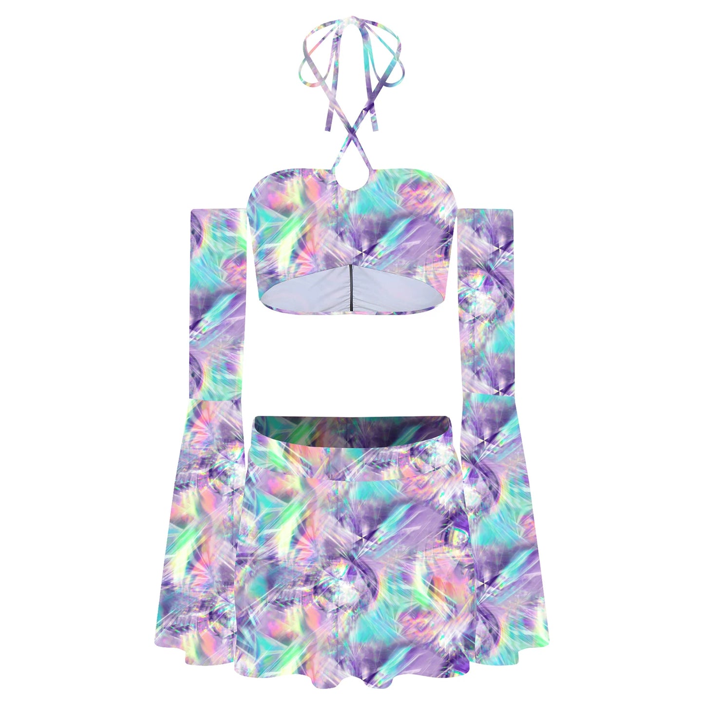 Tie Dye Fractals Flare Sleeve Crop Top and Skater Skirt 3-piece Set