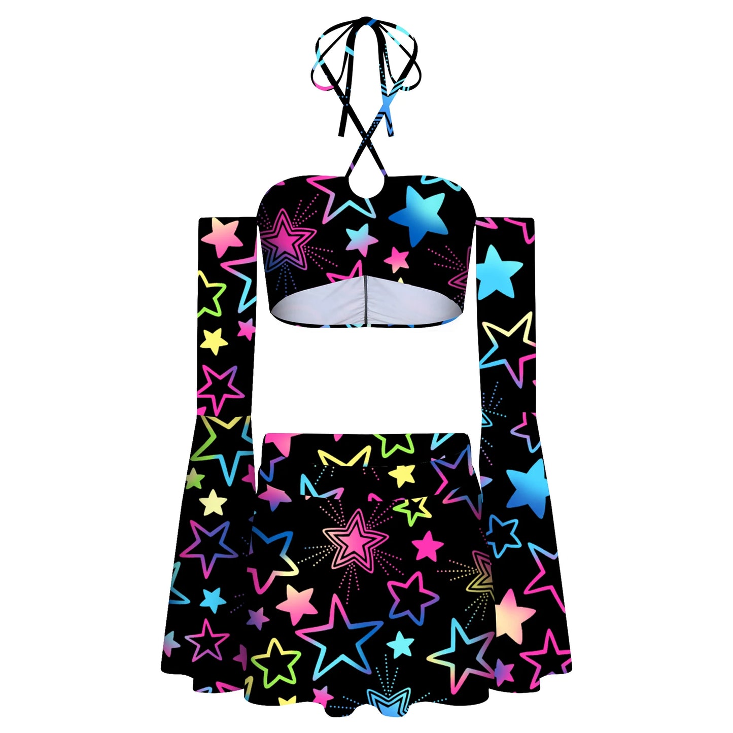 Star Power Flare Sleeve Crop Top and Skater Skirt 3-piece Set