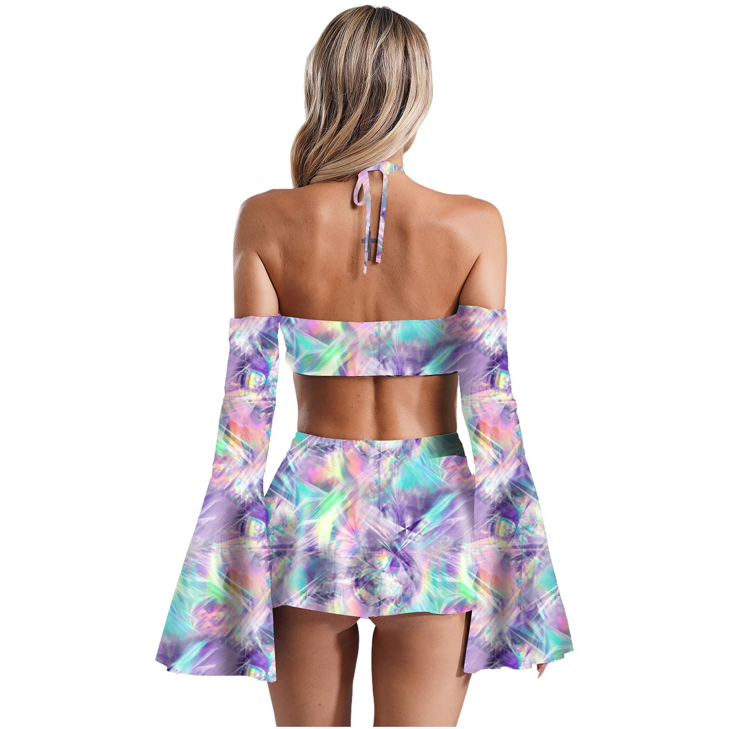 Tie Dye Fractals Flare Sleeve Crop Top and Skater Skirt 3-piece Set