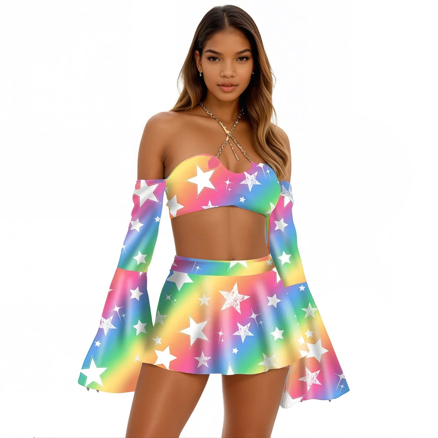 Rainbow Star Flare Sleeve Crop Top and Skater Skirt 3-piece Set