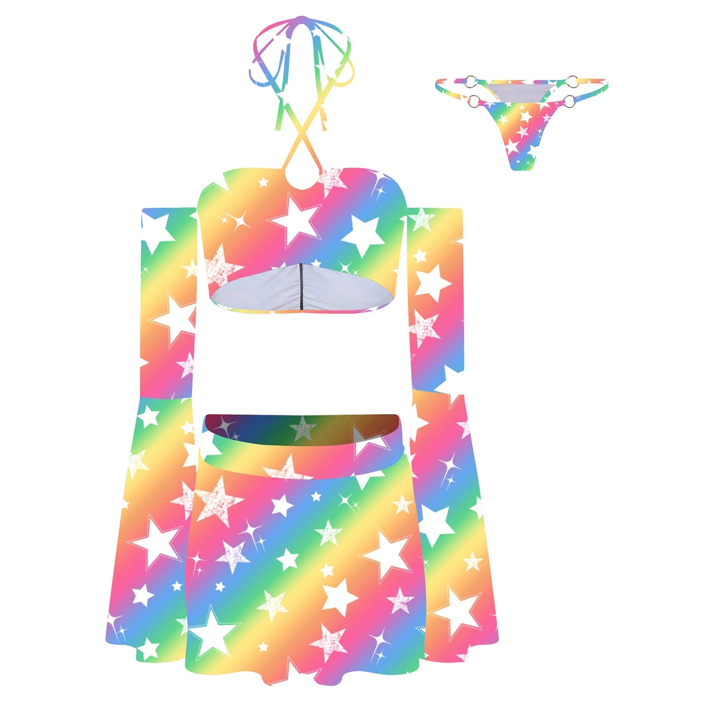 Rainbow Star Flare Sleeve Crop Top and Skater Skirt 3-piece Set