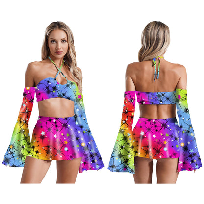 Cosmic Rainbow Flare Sleeve Crop Top and Skater Skirt Set