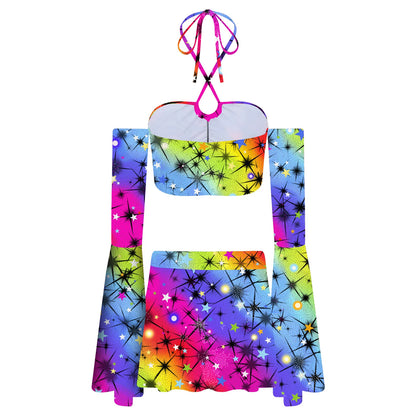 Cosmic Rainbow Flare Sleeve Crop Top and Skater Skirt Set