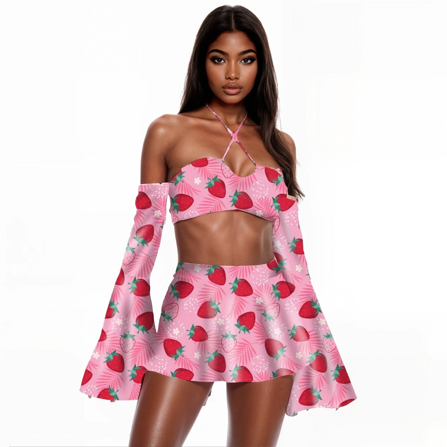 Berry Flare Sleeve Crop Top and Skater Skirt 3-piece Set