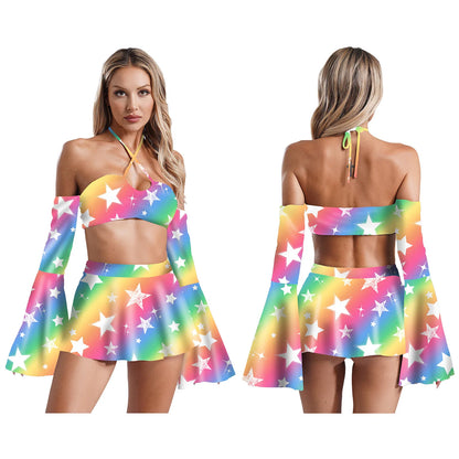 Rainbow Star Flare Sleeve Crop Top and Skater Skirt 3-piece Set