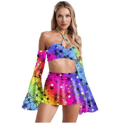 Cosmic Rainbow Flare Sleeve Crop Top and Skater Skirt Set