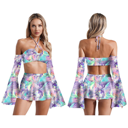 Tie Dye Fractals Flare Sleeve Crop Top and Skater Skirt 3-piece Set