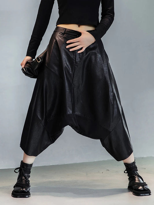 High Waist Black Leather Harem Pants